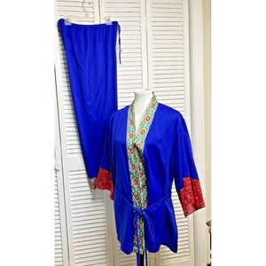 Cabernet Womens Pajama‎ Set L Kimono Blue Floral Embroidered Satin Hostess